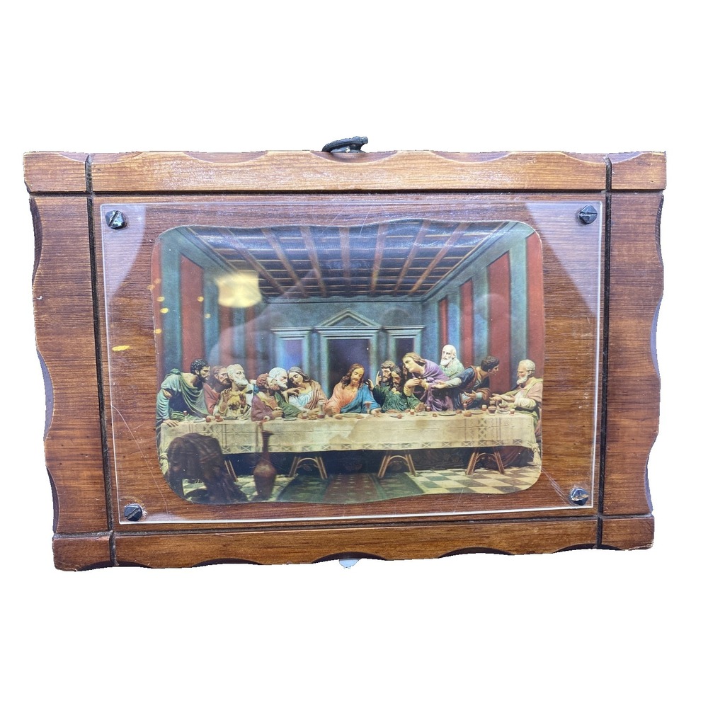 Vintage Last Supper Framed Print Reverse Painted Glass Wood Wall Hanging Religio